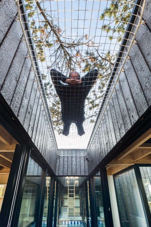 Treehouse features a net area above a small pond