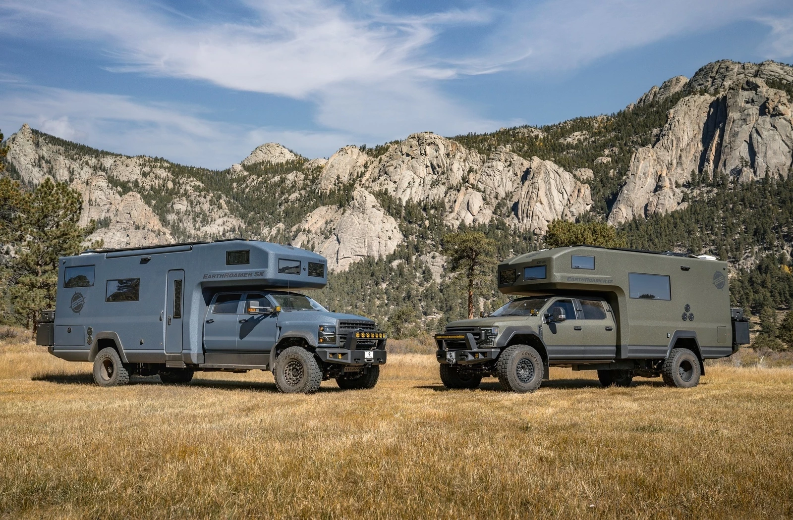 The all-new EarthRoamer SX (left) brings a new Chevy face, carefully upgraded living area and an extra 5 feet of length over the LTi
