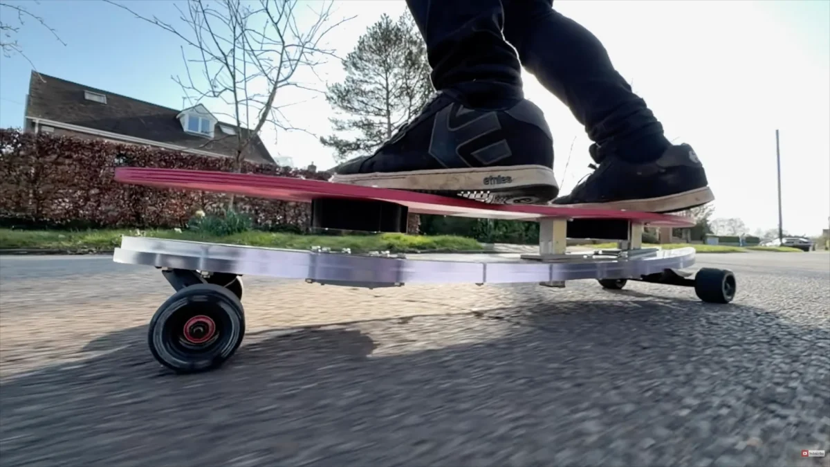 Inventor's magnetic levitation skateboard steers and rides
