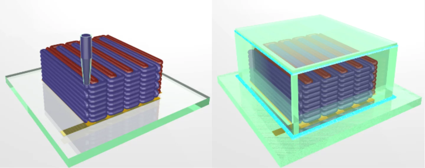 The printing process (left) and the finished encapsulated battery