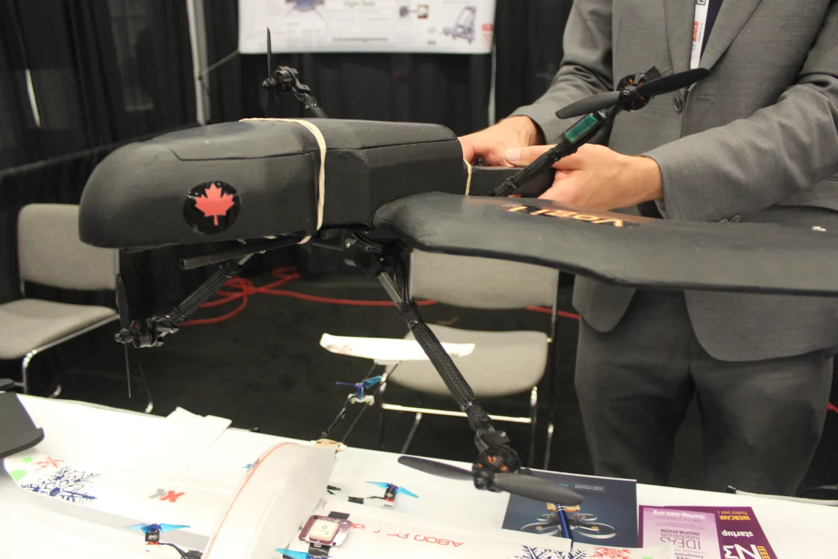 The Vogi seen from the front, with its four main propellers tilted forward