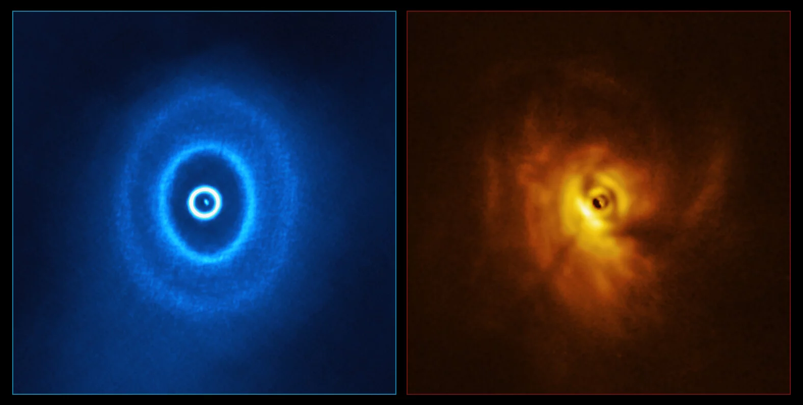 Left: An ALMA image of GW Orionis, showing the ringsRight: A SPHERE image of the system, with the shadow of the inner ring cast on the rest of the disc