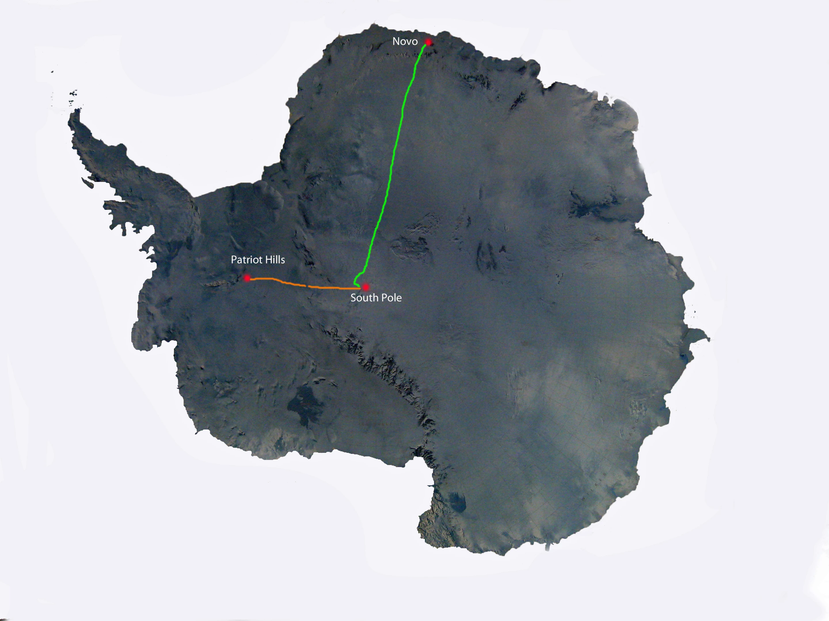 Patriot Hills is close to where the Ronne Ice Shelf meets the coast of Antarctica. The route (the orange line) approaches the South Pole from the West, starts off at approximately 500 meters altitude and rises to 2800 meters at the South Pole. (Image: Arctic Trucks)