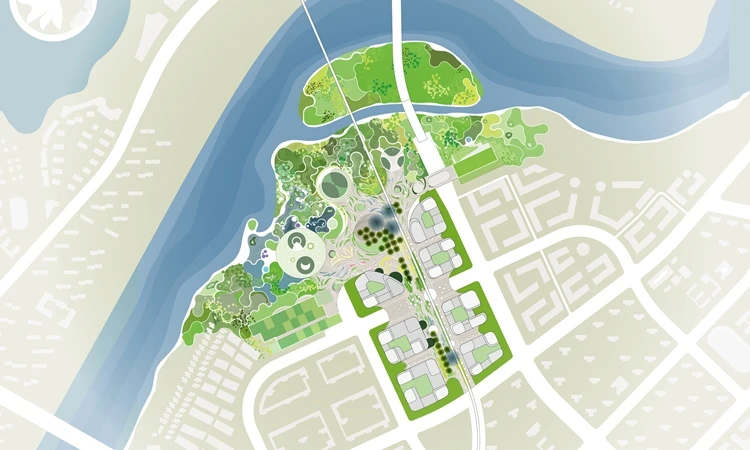 Binhai Eco City features a spine of green land