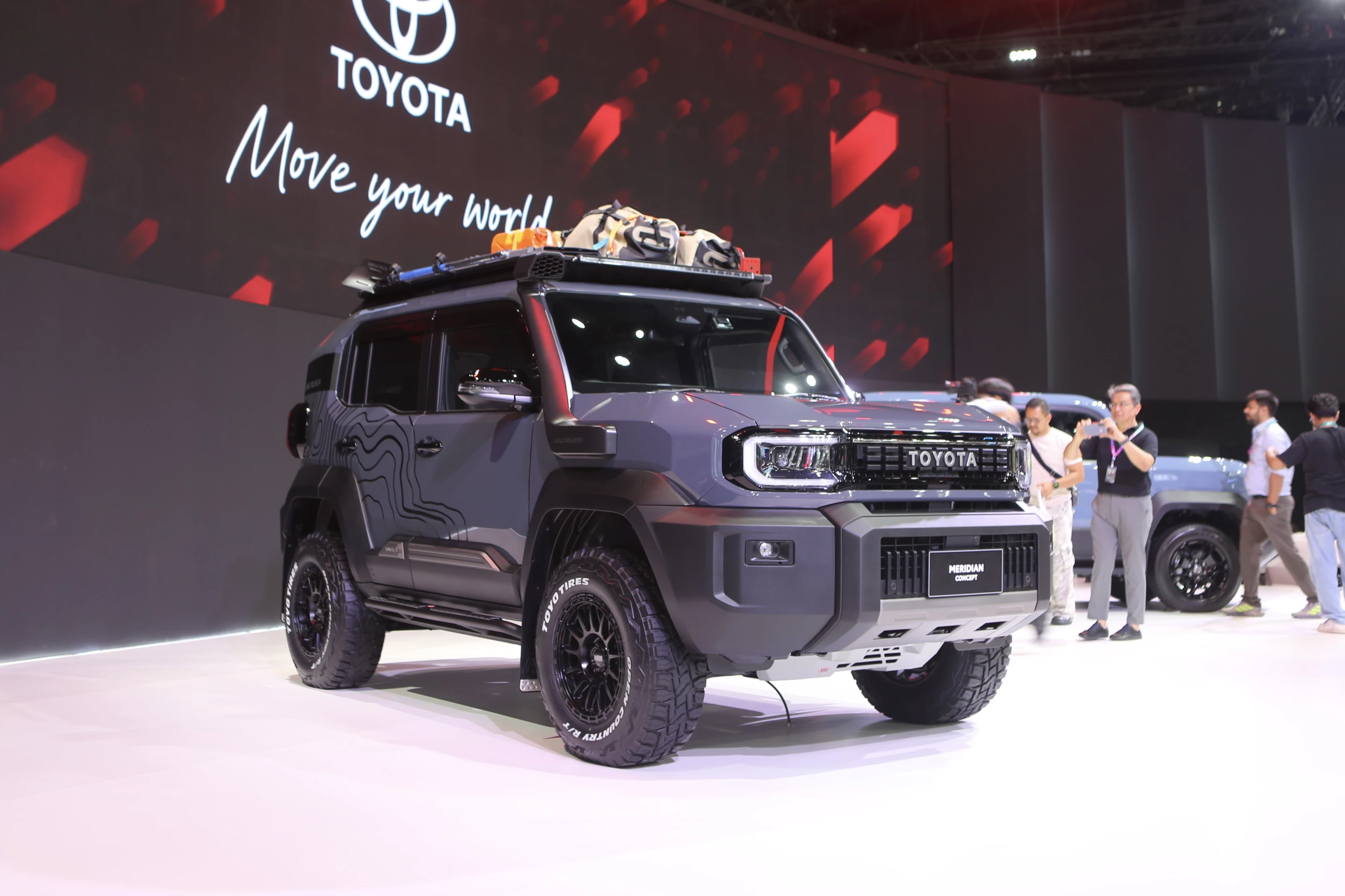 To celebrate the Thai debut of the Land Cruiser FJ, Toyota showed its small 4x4 in several specially upgraded concept models. The Meridian Concept shown here is ready for overlanding adventures, right down to its topographic paintwork