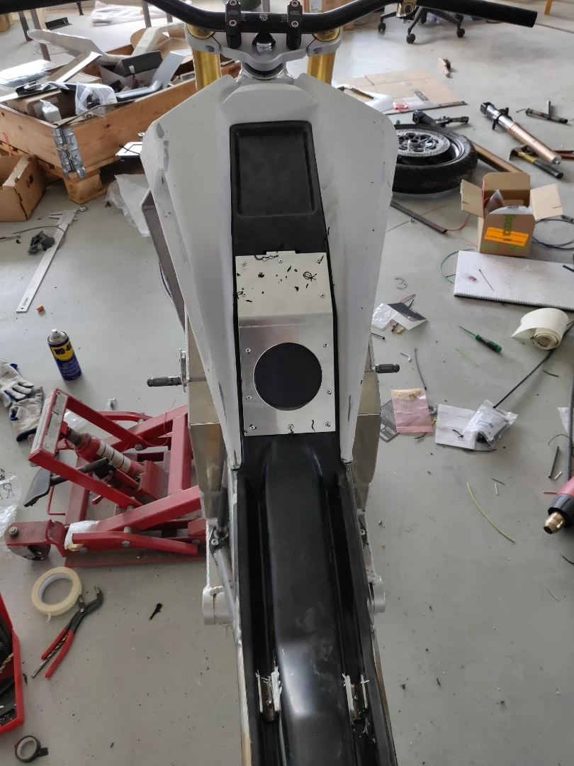 Looking down on the "tank" with the bike still under construction
