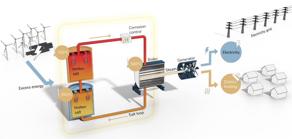 Molten salt energy storage can have a round-trip efficiency close to 90%, says Hyme