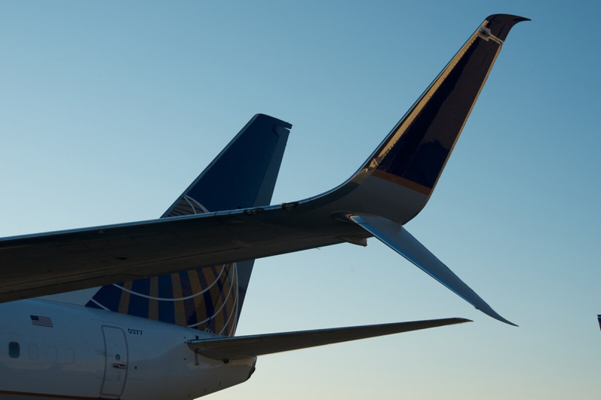 A pre-certified Split Scimitar Winglet installed on a United Boeing 737-800 during the testing phase that began July 2013