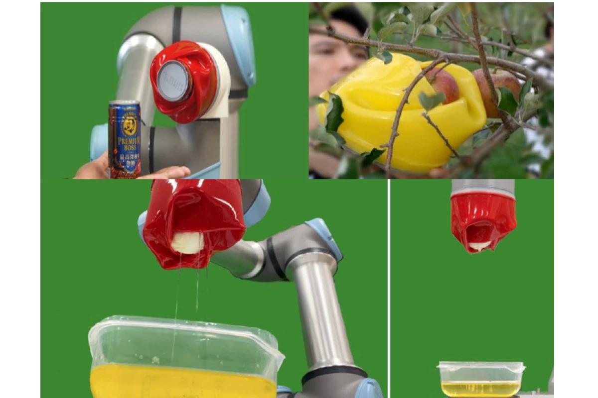 The ROSE gripper in action – in the lower two panels, it's lifting an egg out of olive oil