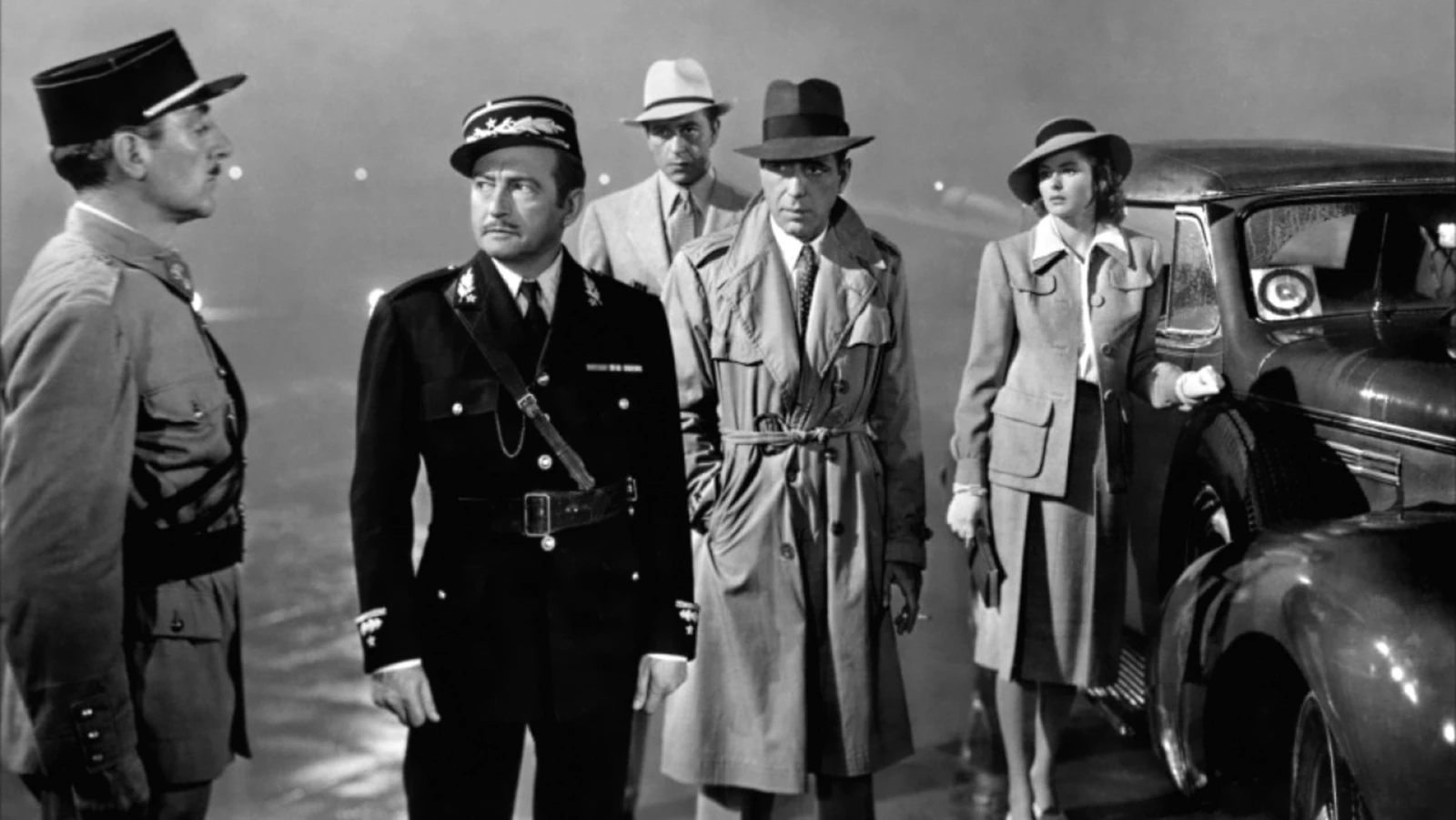 The main characters from the 1942 Warner Brothers movie, Casablanca - Humphrey Bogart, Claude Rains, Paul Henreid, and Ingrid Bergman