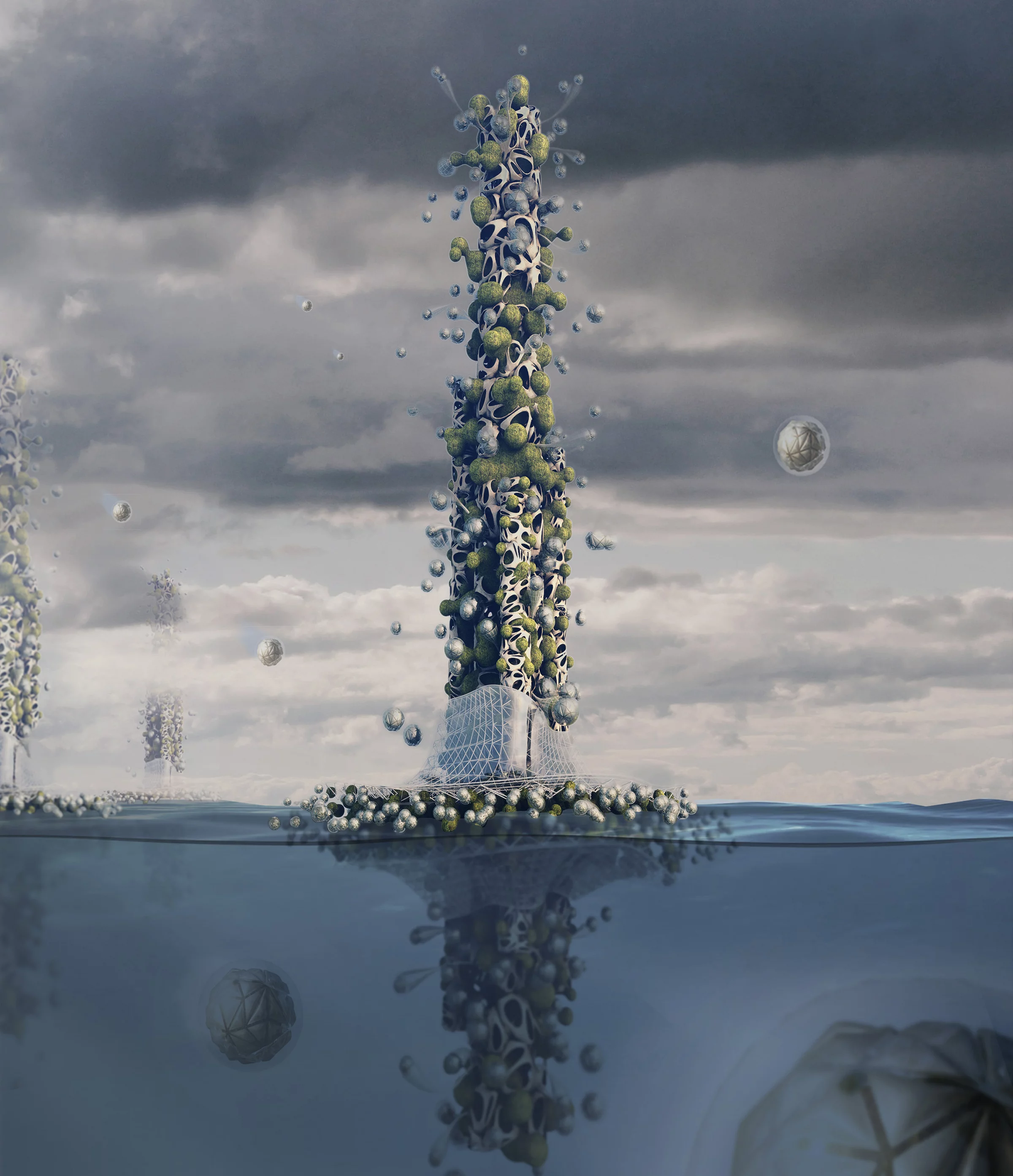 Physarum Skyscraper Cleans Oceans Pollution was designed by Habib Shahhoseini, Mohaddeseh Eskandarzadeh, Ardalan Kiavar, Saba Salahpour, and Ata Rad. It imagines an ocean-based skyscraper that uses algae to clean up our polluted seas