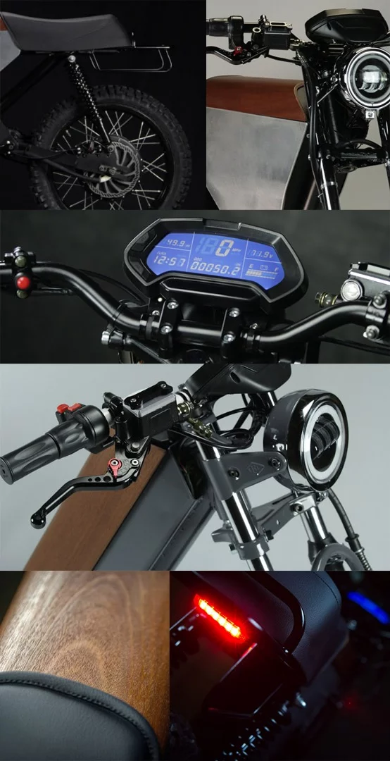 Onyx bike details, including headlight, dash, suspension and brake lights