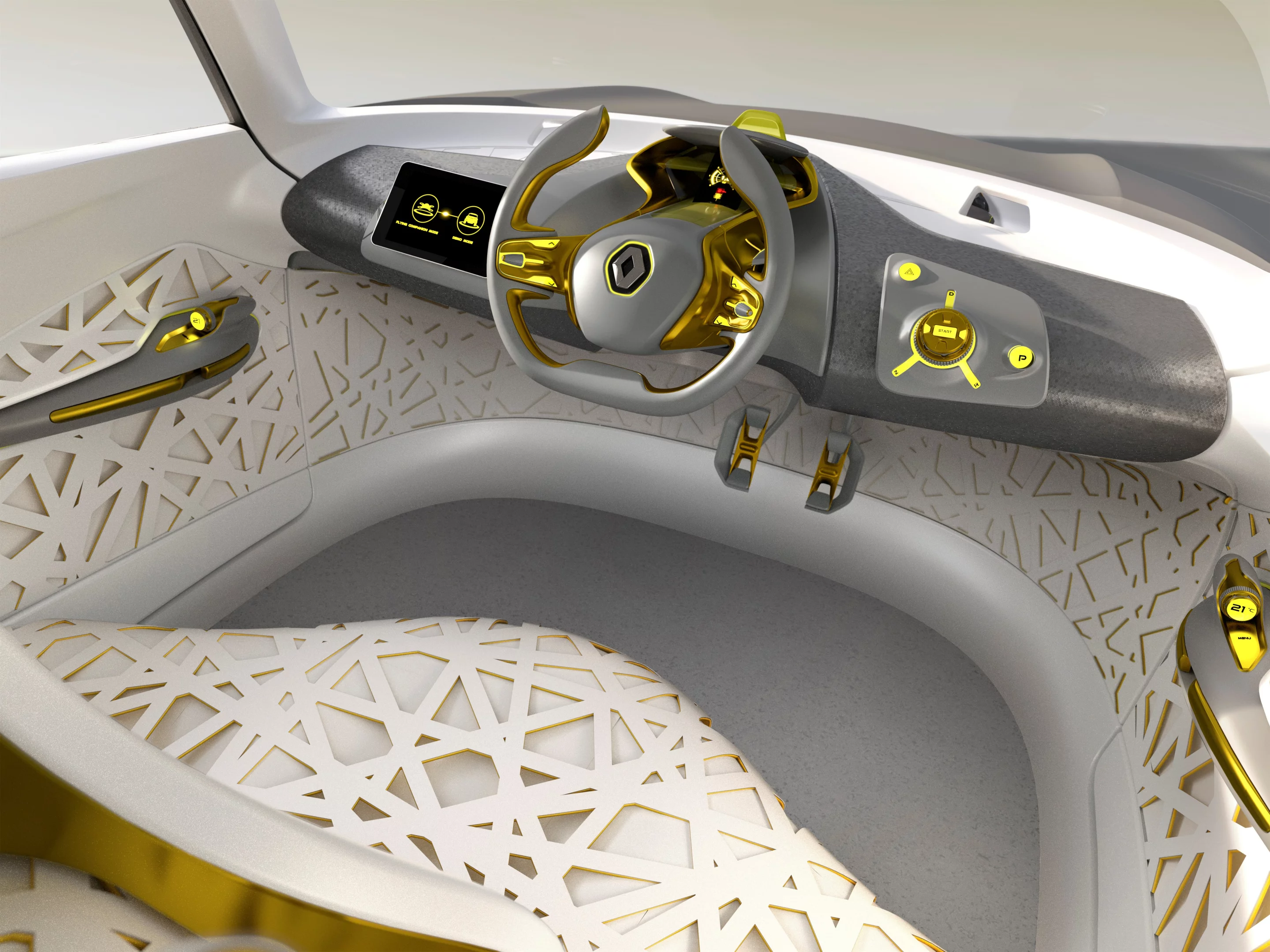 KWID's open-ended steering wheel, mounted mid-cabin, is flanked by bird's nest design details and grey/gold technical elements