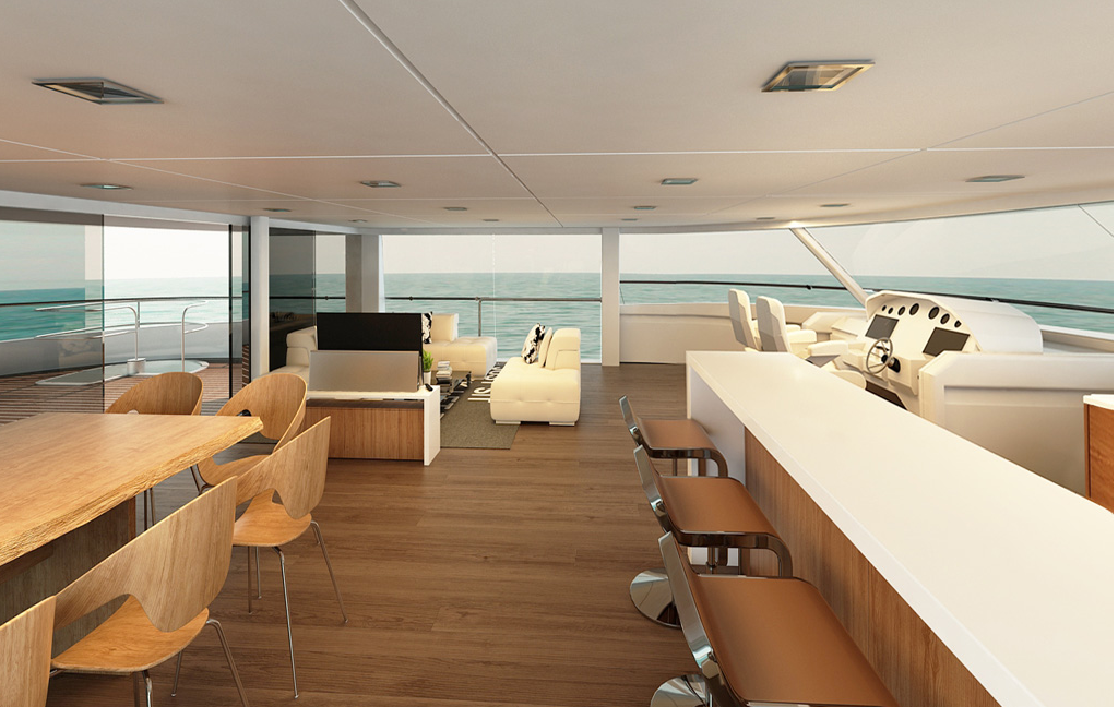 Upon first glance, the flybridge interior looks like it could be a chic oceanfront apartment