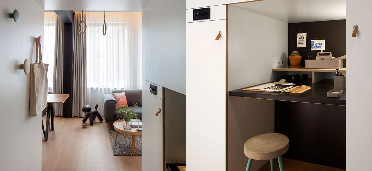 The Zoku Loft has a compact alcove desk in its entrance passageway