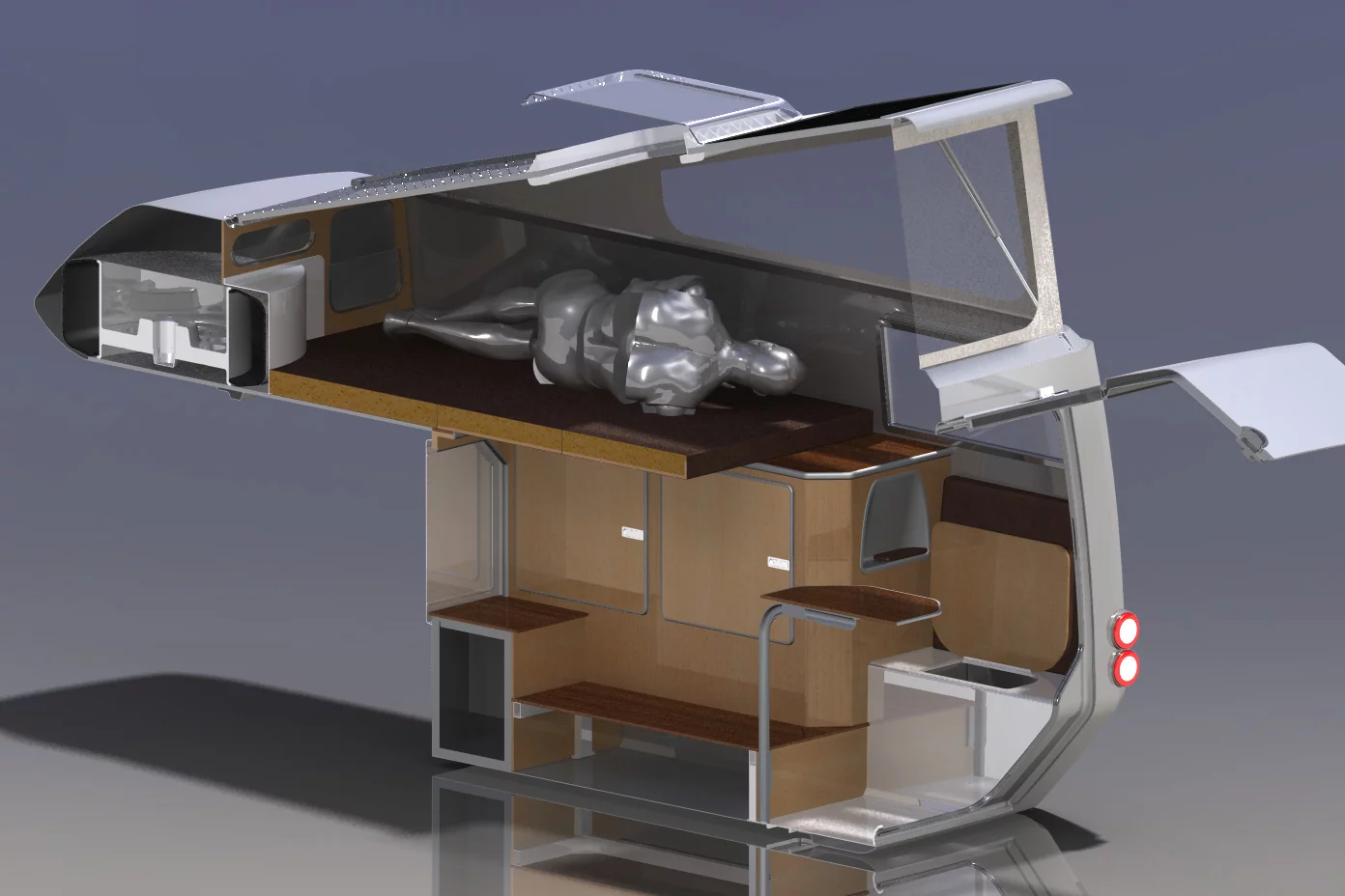 One person can sleep and one can use the stove and sink