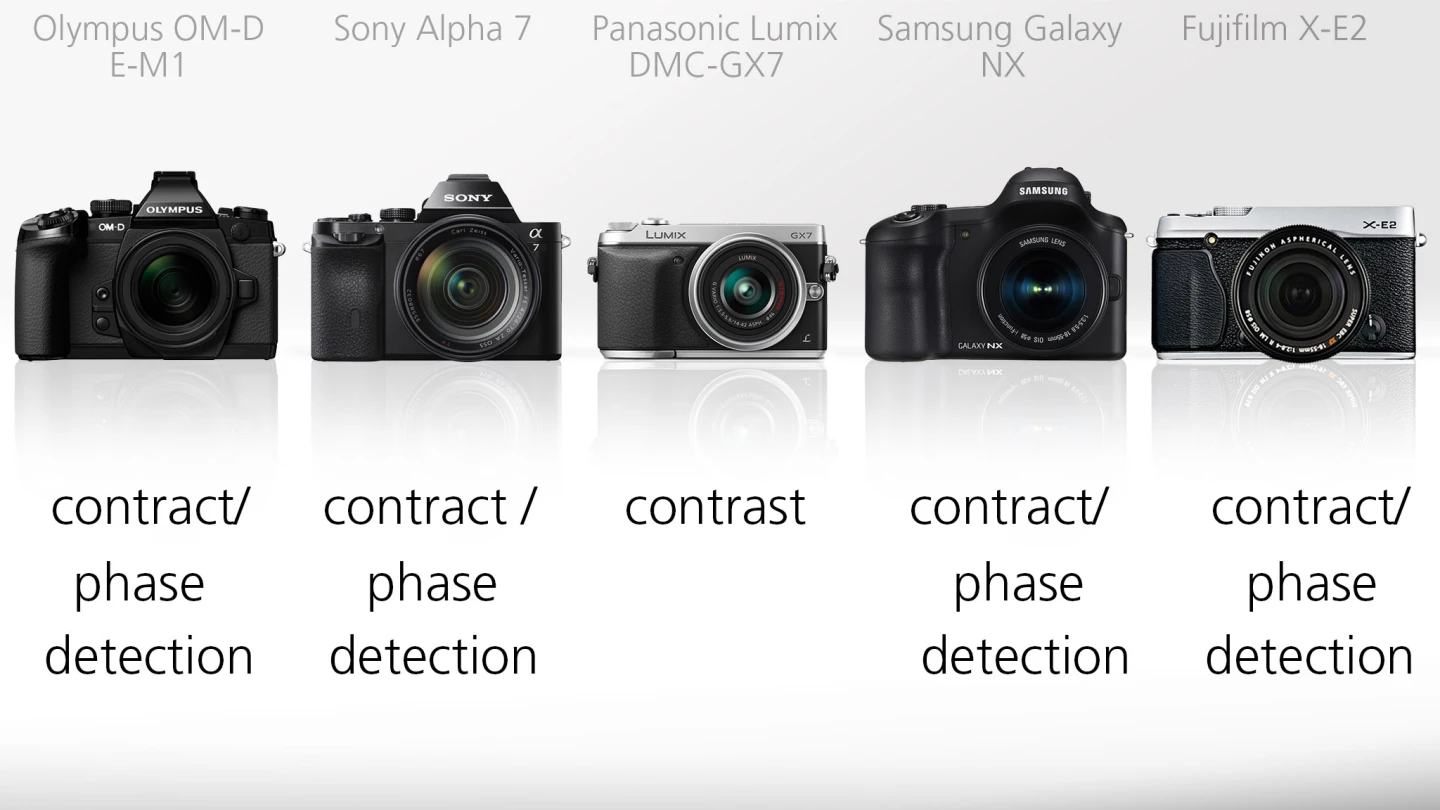 While most of our cameras use both contrast and phase detection autofocus systems - for a balance between speed and accuracy - the Panasonic GX7 just uses contrast AF
