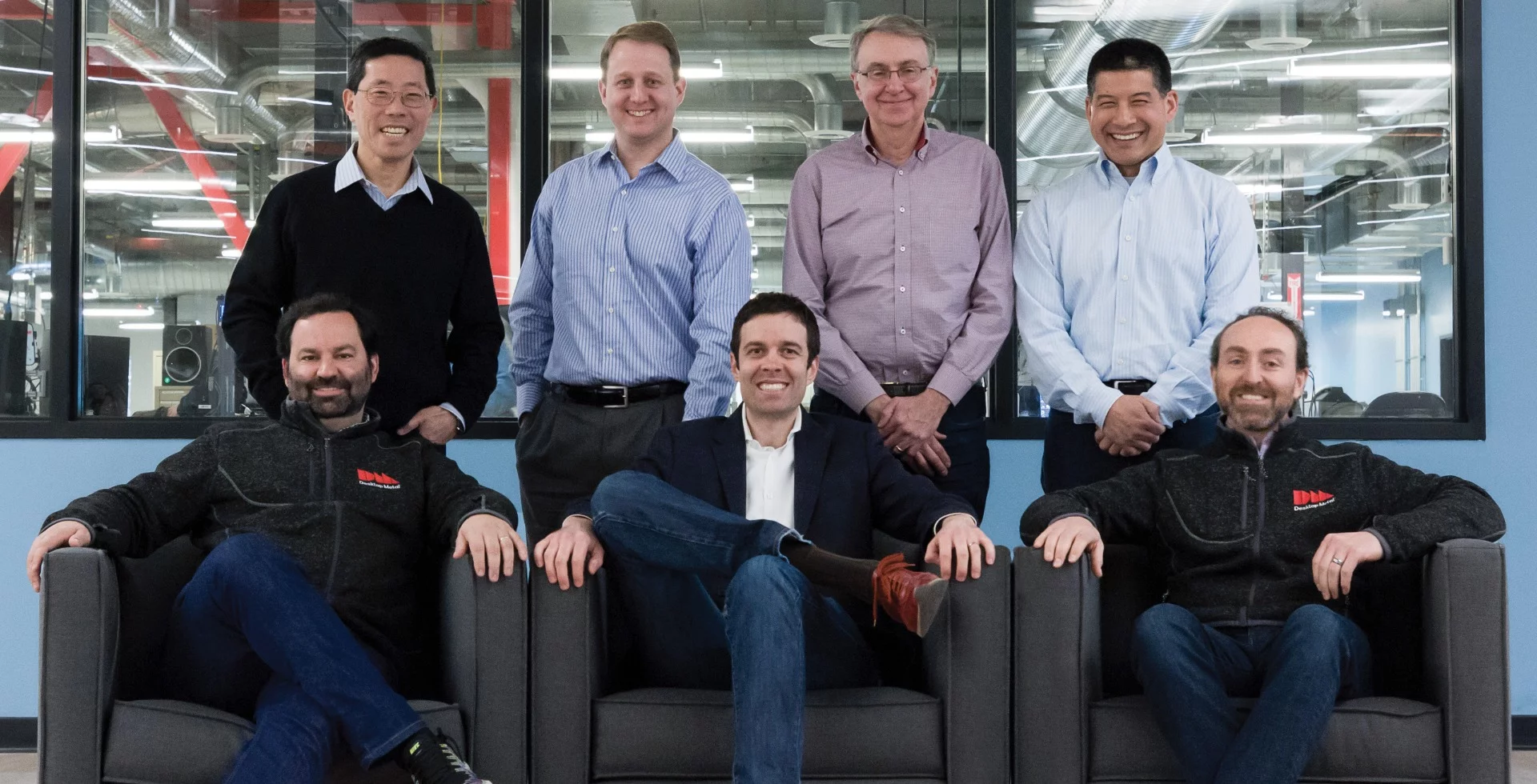 DM Co-Founders: Desktop Metal co-founders (front left to right: CEO Ric Fulop, A. John Hart, Jonah Myerberg; standing left to right: Yet Ming-Chiang, Chris Schuh, Ely Sachs, Rick Chin)