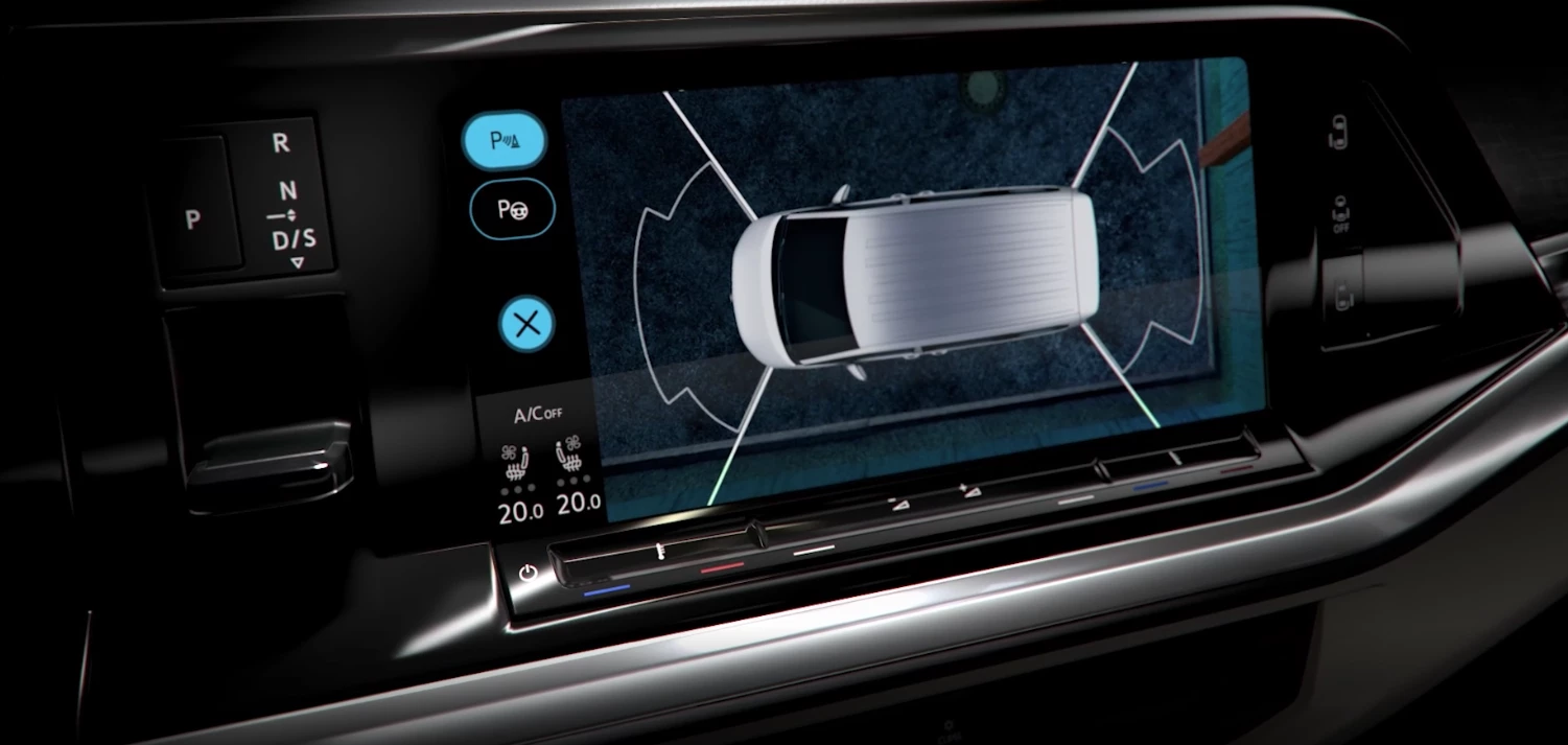 Along with the shift switch on the left, Volkswagen previews a 10-in infotainment screen with available 360-degree vehicle monitoring