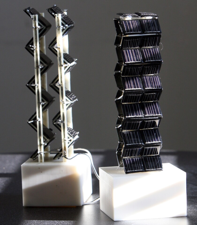 Two of the 3D PV arrays tested by MIT researchers that showed a boost in power output ranging from double to more than 20 times that of fixed flat solar panels with the same base area (Photo: Allegra Boverman)