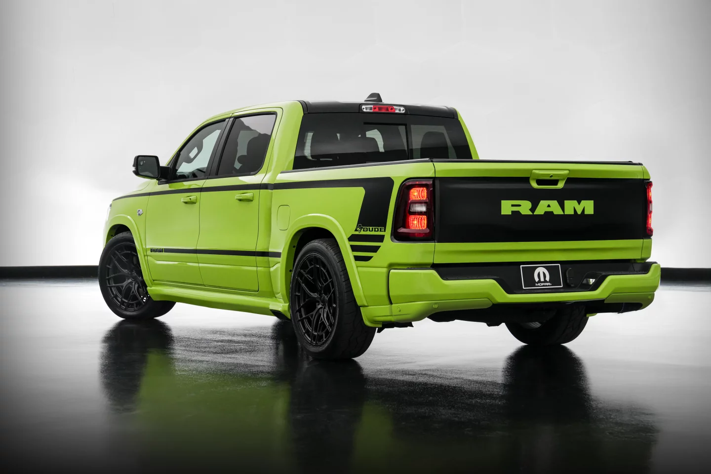 The Dude Ram Concept includes stylized Ram tailgate paint and side stripe logos