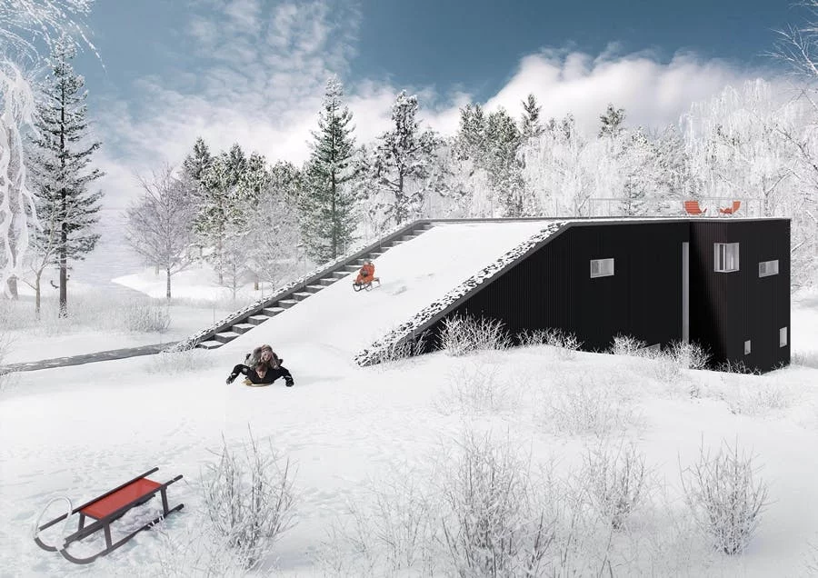 The Pulkabacken home by Street Monkey Architects in Värmdö, Sweden, featuring a large, grass-covered ground-to-roof slope that provides privacy and can be used for sledding in the snow