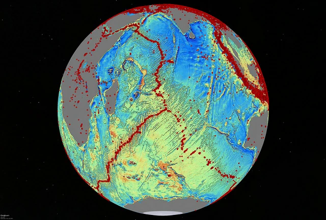 A marine gravity model of the Central Indian Ocean with red dots showing locations of earthquakes with magnitude above 5.5 and highlighting the present-day location of the seafloor spreading ridges and transform faults (Image: David Sandwell, Scripps Institution of Oceanography, UC San Diego)