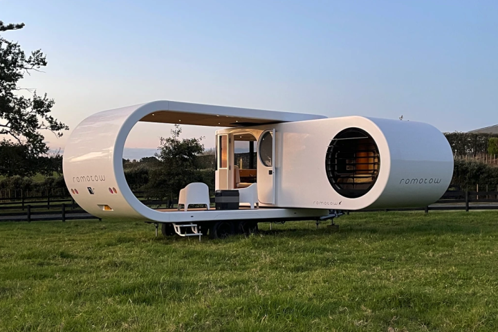 The Romotow rotates into camping form via an automated hydraulic system