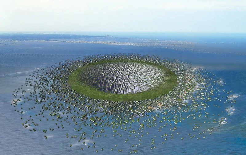 Honorable mention: Sea-Ty by Shinypark, Liu Tang, Lyo Heng Liu. A floating bowl lets the sky into a sunken city