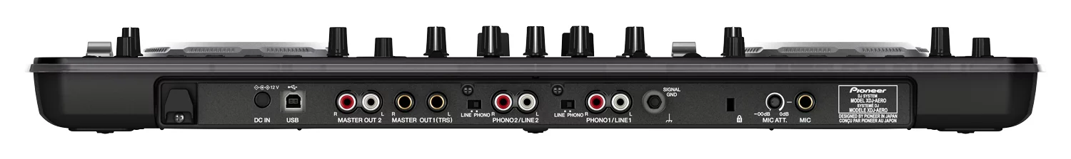 The system features a 6.4 mm audio jack and an RCA out for master outputs, two 6.4 mm headphone out ports, two RCA inputs and one 6.4 mm microphone jack