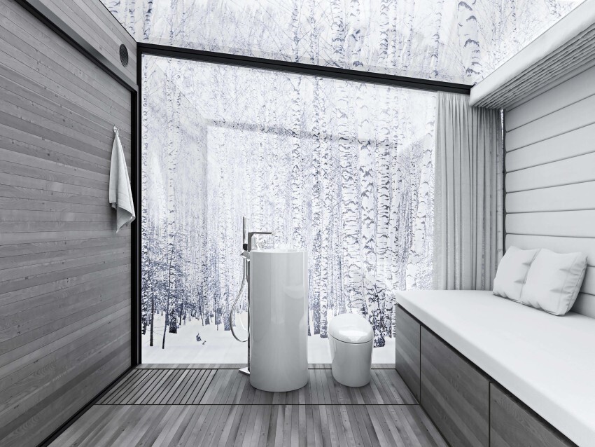 The Bed+Bath model has built-in plumbing and a bedroom