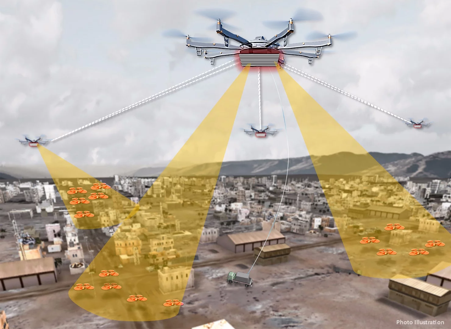 Artist’s concept shows elements of a notional Aerial Dragnet system – several UAS carrying sensors form a network that provides wide-area surveillance of all low-flying UAS in an urban setting