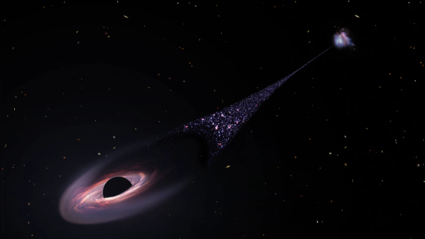 An artist's impression of a runaway supermassive black hole being ejected from a galaxy and creating new stars in its wake
