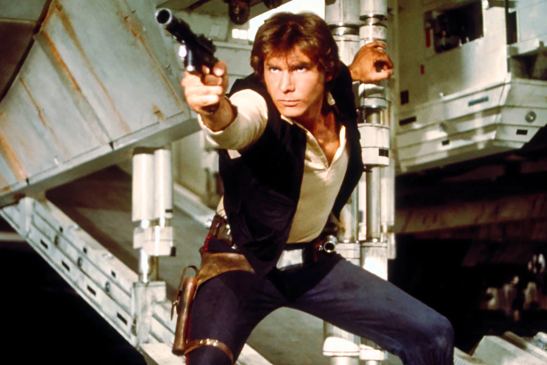 From the original "Star Wars" movie of 1977, this is potentially the very same gun that just set an auction record, in the hands of one of the most popular screen heroes of all time.