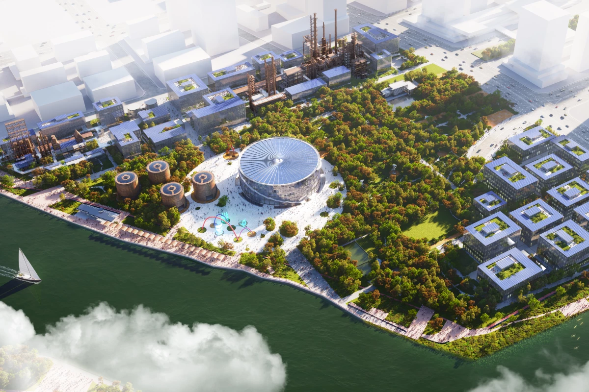 The Hangzhou Oil Refinery Factory Park will be centered around a new museum that takes the form of a huge glass oil silo