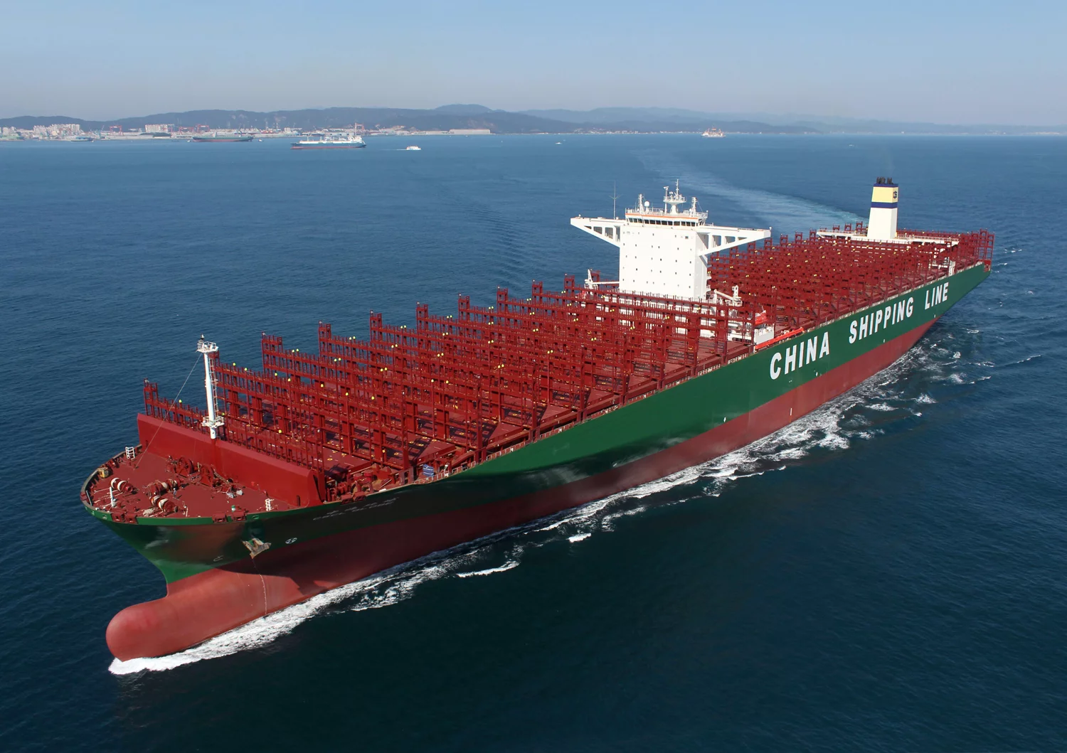 The CSCL Globe, shown here on sea trials, has embarked on its maiden voyage (Photo: HHI)