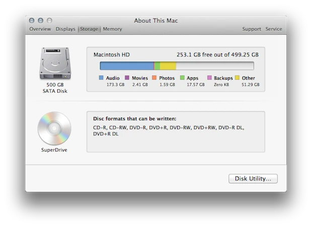 OS X Lion's built-in Storage info pane is a handy utility for tracking hard drive usage