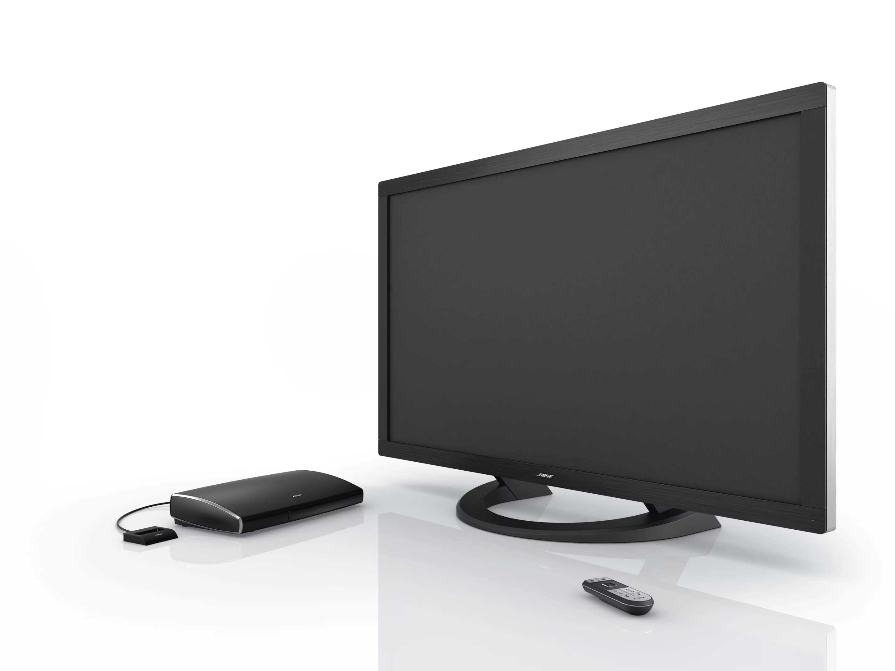 Bose's VideoWave II system comprises a HDTV with home theater speaker system on the rear, a console for connecting input devices, click pad remote and an iPod dock