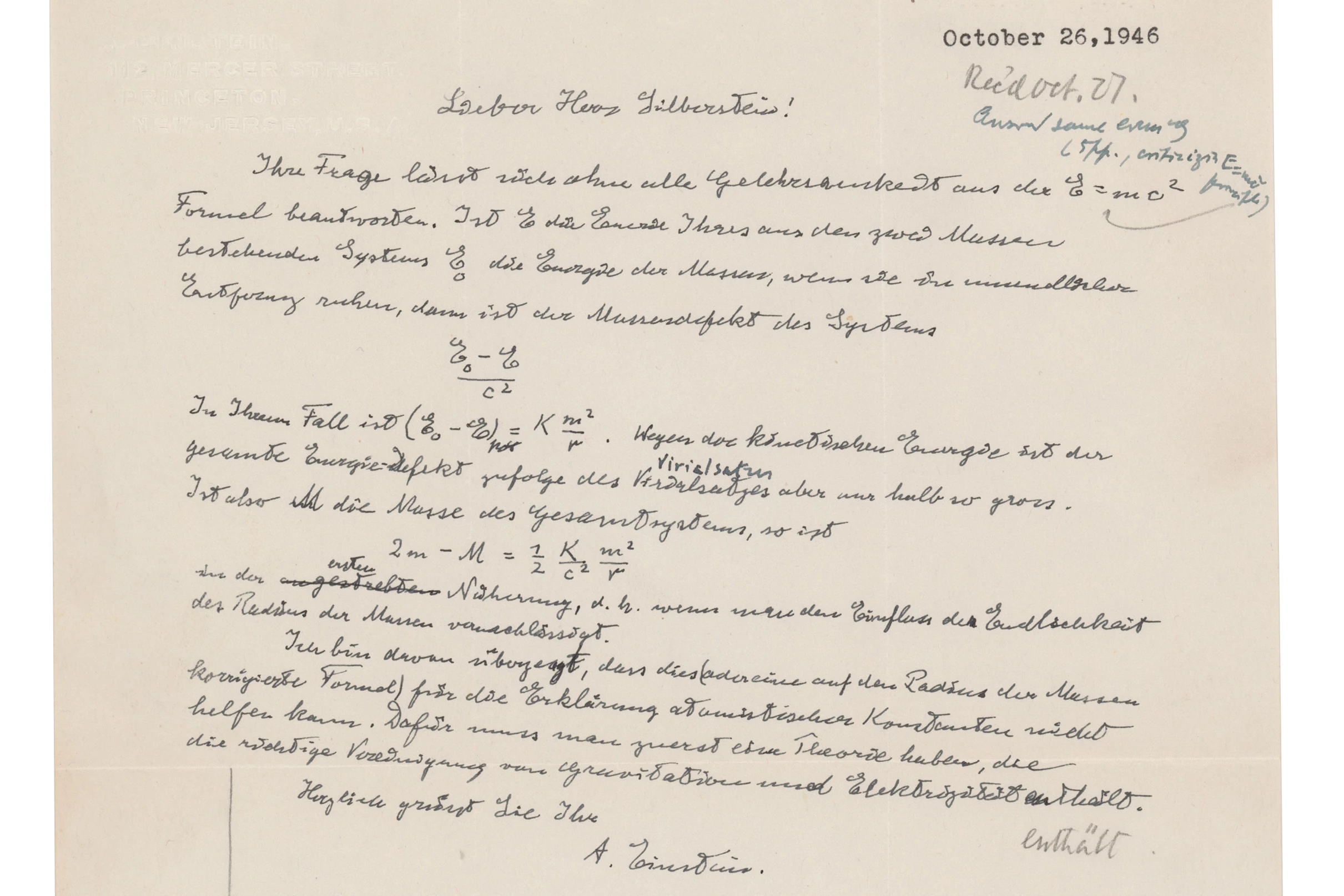 Invoking the immutable laws of supply and demand, this one page handwritten letter from Albert Einstein to Dr. Ludwik Silberstein, in German, on personal Princeton letterhead, and dated 26 October 1946, sold for $1,243,708. The letter contains the singular known holograph in private ownership of Einstein most famous equation "E = mc2.”