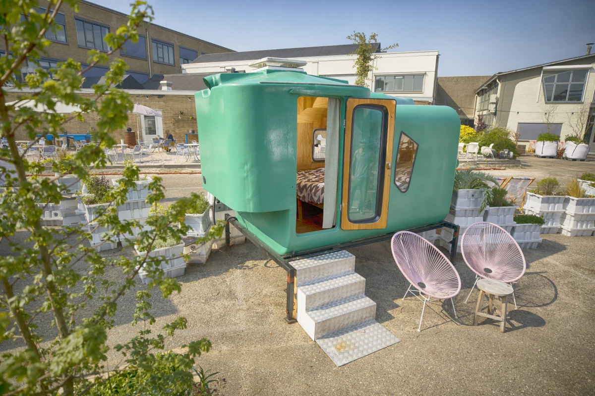 Little Pea is made from discarded animal feed silos and was originally meant to be attached to a pickup truck. The shelter is one of many that form the Culture Campsite in Rotterdam, the Netherlands, and was designed by MUD Projects