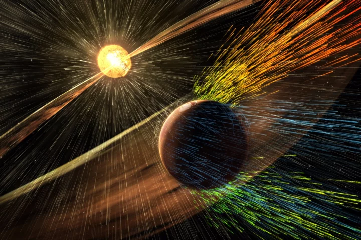 Artist’s rendering of a solar storm hitting Mars and stripping ions from the planet's upper atmosphere