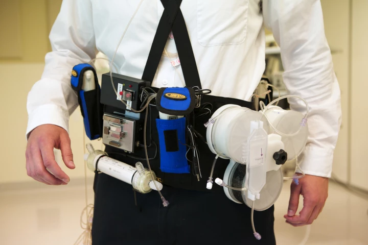 John Kundzins of the Kidney Research Institute in Seattle models the Wearable Artificial Kidney that will undergo human trials in the US