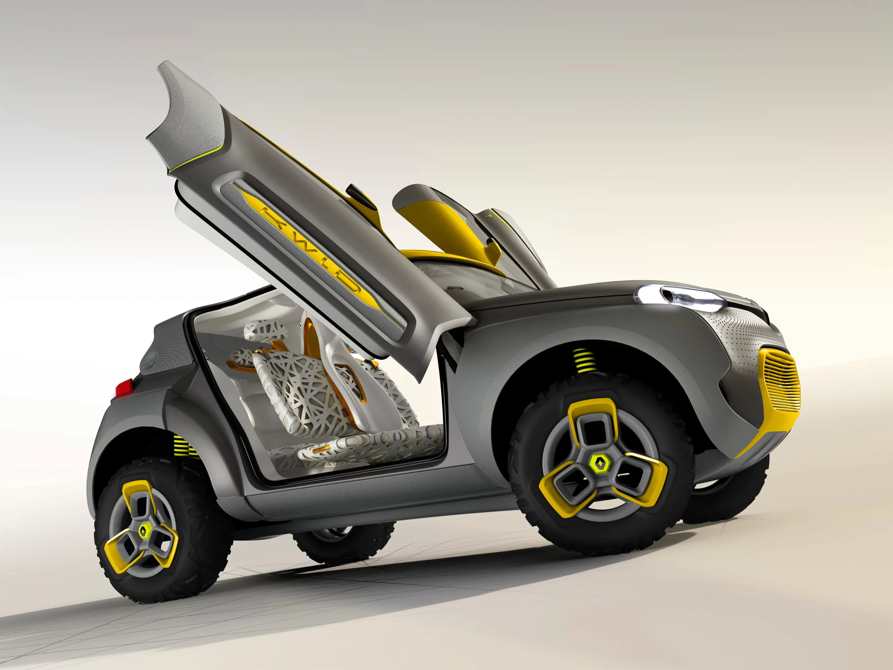 Dihedral doors and oversized wheels protruding beyond the fenders give the KWID dune-buggy like proportions