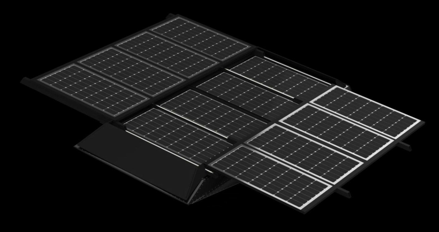 Dieses Solar-Setup ist ein besonders interessantes Zubehör und verwendet drei separate Paneele, die übereinander gestapelt werden, wobei die beiden Oberseiten an den Seiten verteilt sind, um die verfügbare Ladungsmenge zu verdreifachen.