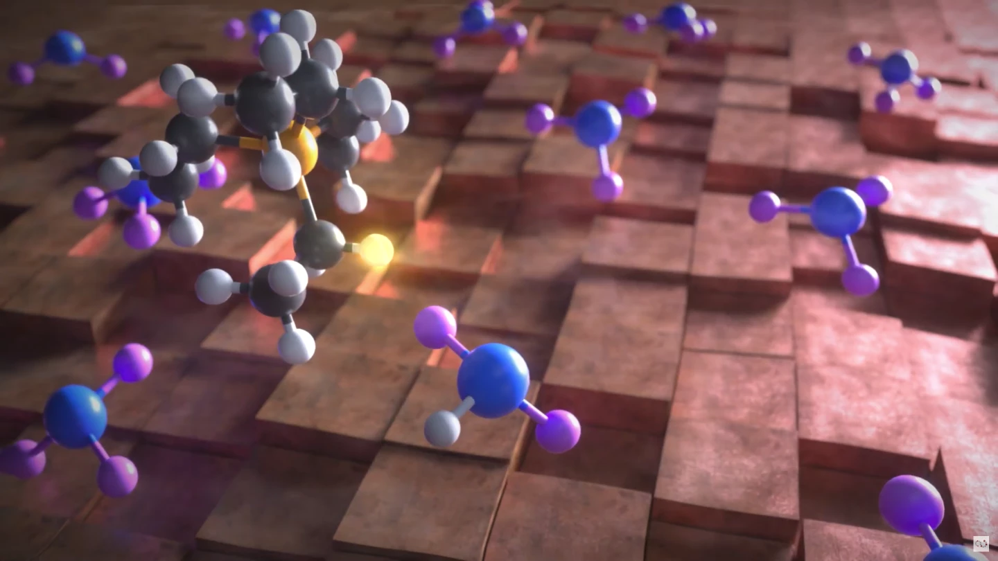 The tetrahedral phosphonium molecules transport hydrogen ions from the anode to the cathode, where they replace the lithium atoms in lithium nitride to form ammonia molecules