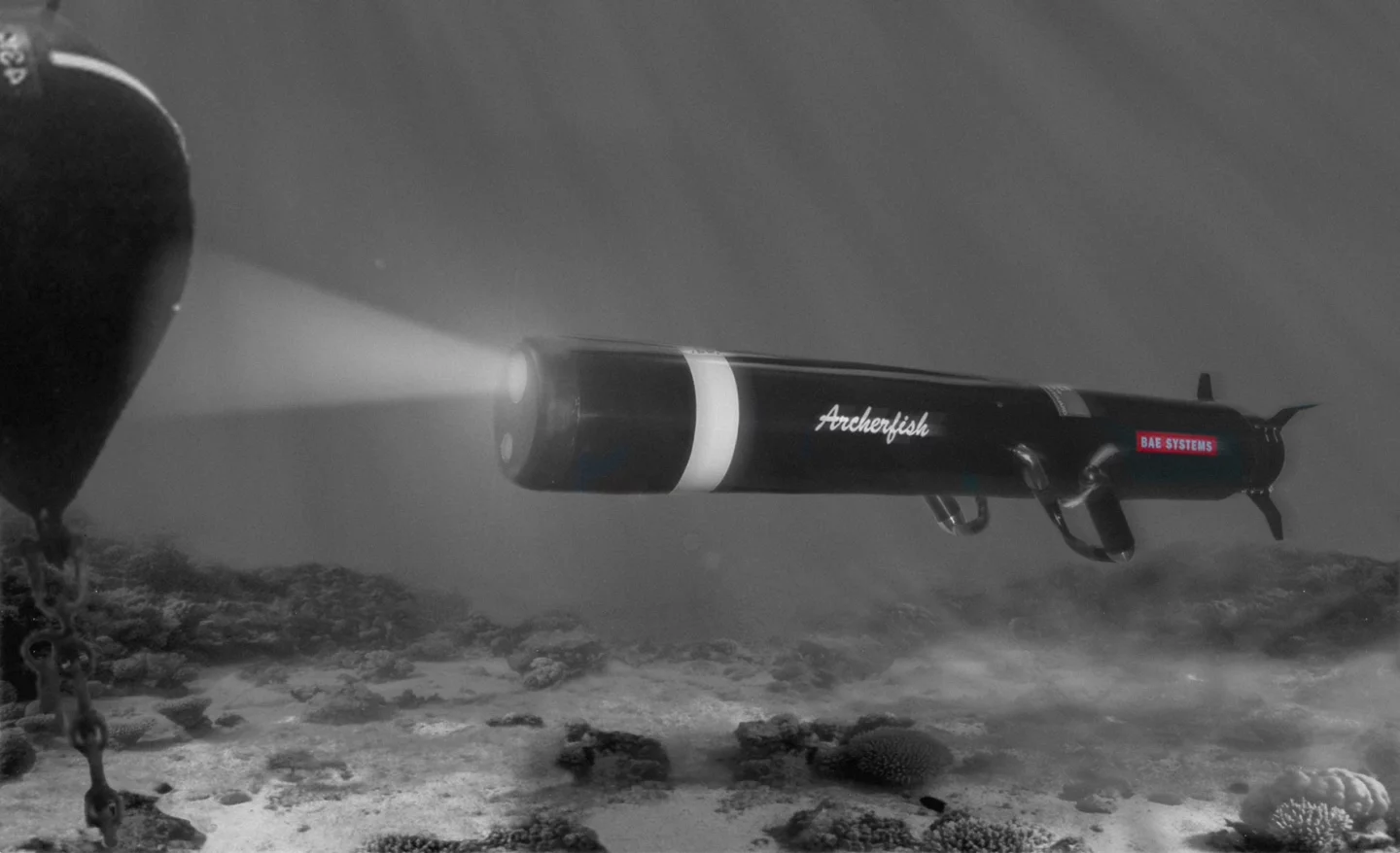 Once the Archerfish has been dropped into the water from its launch cradle, its remotely-located human operator can guide guide it down towards the mine using a fiber optics communications cable