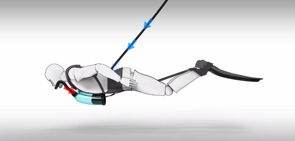 The diver extends his legs in swimming motion and pulls in air for breathing