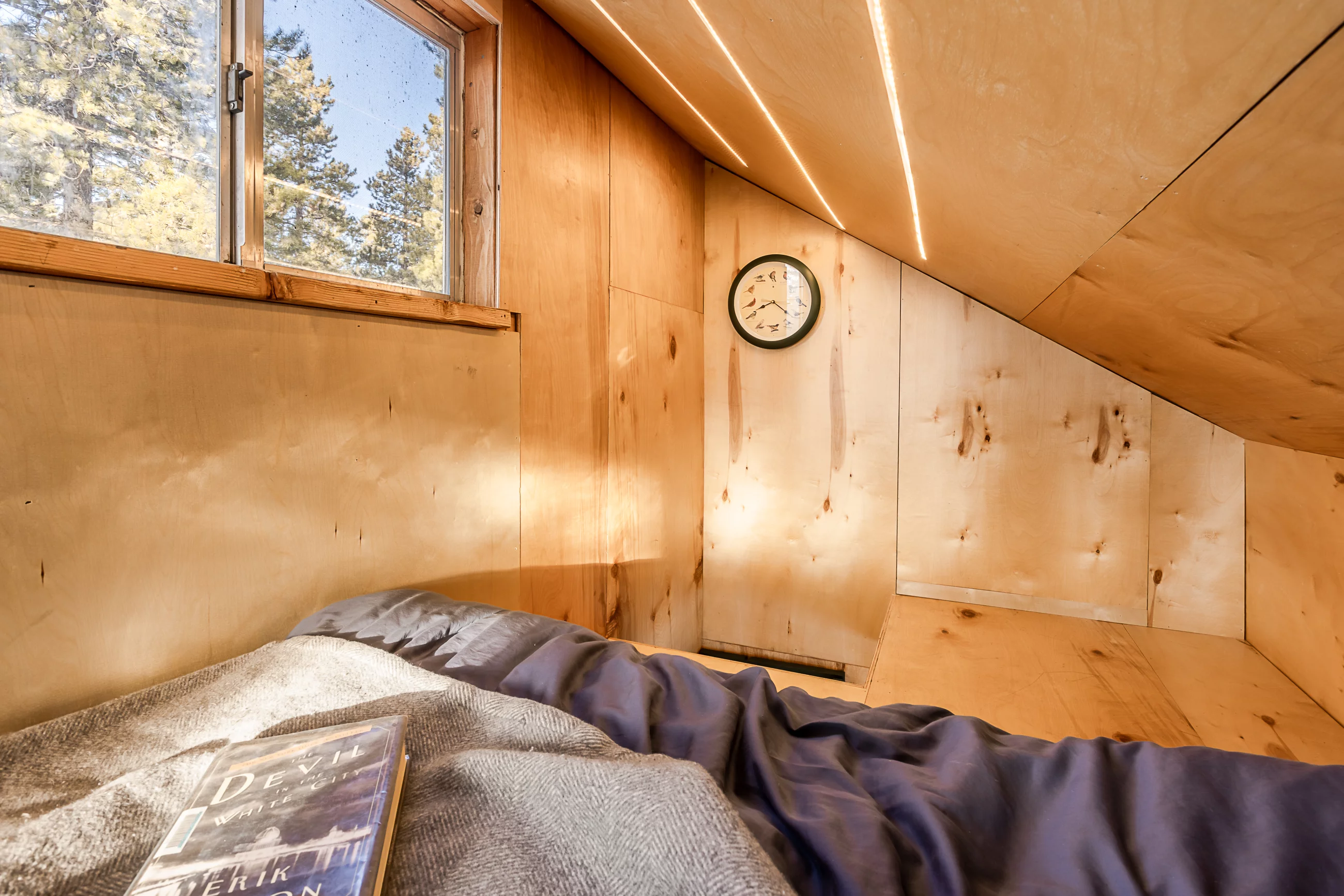 The Magnolia Eco-Cabin's bedroom has a low sloping ceiling and only a little headroom