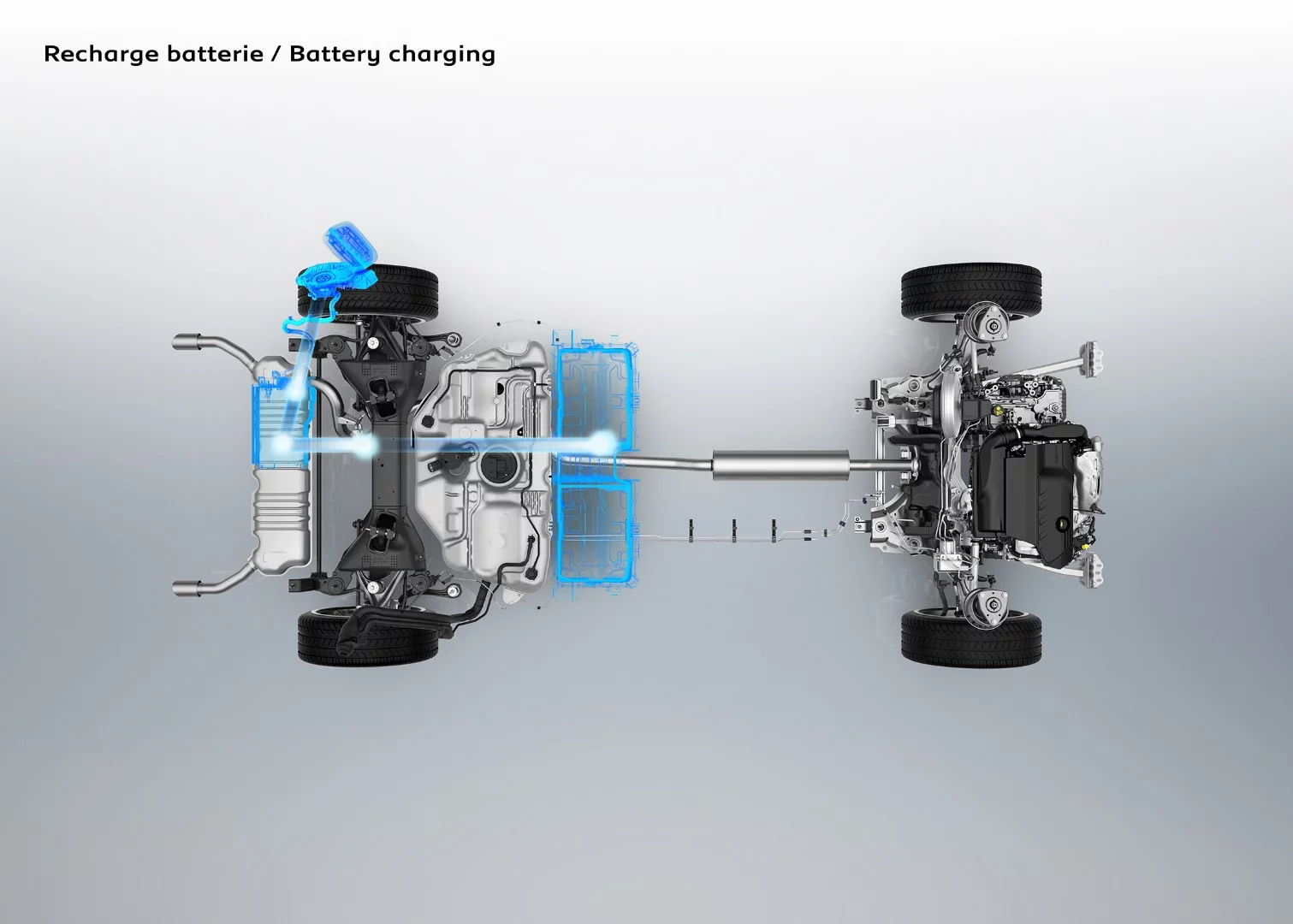When plugged in, the Peugeot Hybrid charges the batteries from the charging port