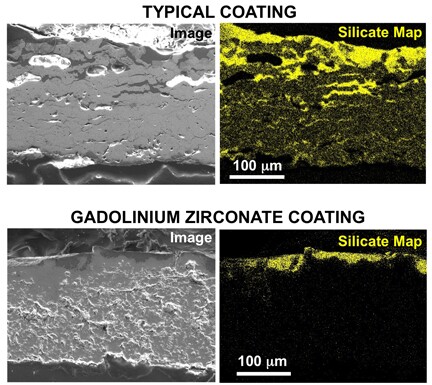 Scanning electron microscope images show what happened when the typical coating (top) and the gadolinium zirconate coating (bottom) interacted with Eyjafjallajokull ash at high temperature (Images: Ohio State University)